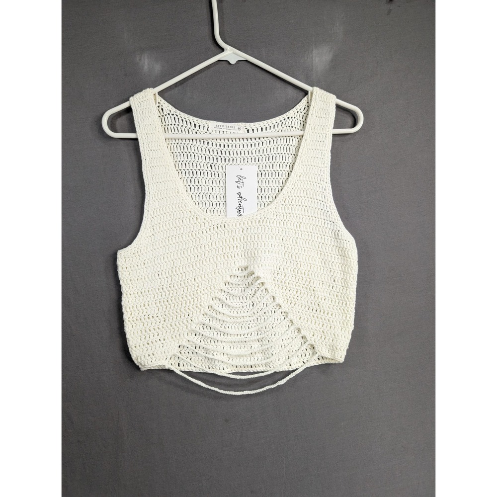 12th Tribe Crochet Crop Tank Top Cream White M/L Boho Festival Summer 8547